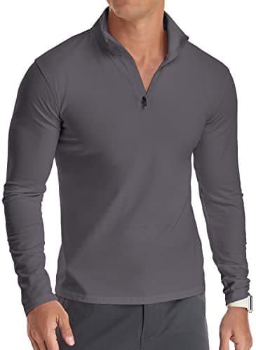 Image of KUYIGO Men’s Casual Slim Fit Shirts Pure Color Long Sleeve Polo Fashion T-Shirts M Dark Grey