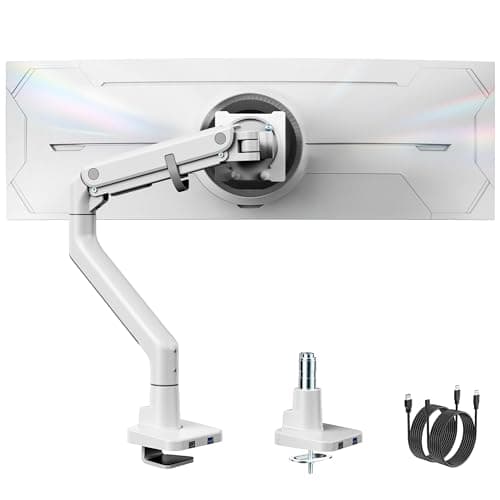 Image of monTEK Single Monitor Arm with USB A/C for 17-57" Ultrawide Curved Screen, Load 27kg, Adjustable Monitor Desk Mount with Tilt Swivel Rotate, Gas Spring, 75/100 VESA Mount, Clamp & Grommet, White
