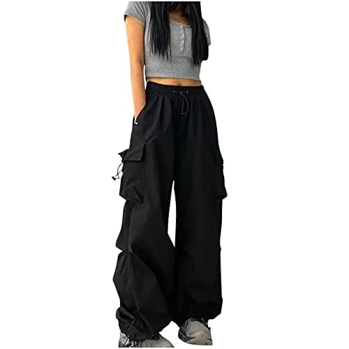Image of Women Wide Leg Cargo Pants Casual Baggy High Elastic Waisted Cargo Trousers with Pockets Loose Fit Drawstring Sweatpant Plain Streetwear Jogger Bottoms for Ladies