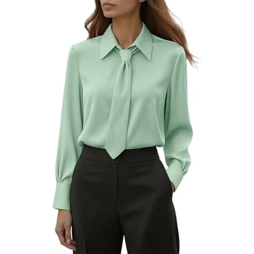 Image of GMQWRK Women Tie Neck Blouse Collared Neck Tops Long Sleeve Pullover Shirts with Necktie Collar & Button Cuff Ladies Office Work Blouses Smart Elegant Back-to-School Shirts Casual Wear Mint Green