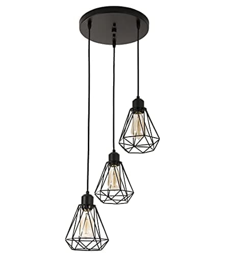 Image of Timi Home Industrial 3-Light Pendant Light, Flush Mount Ceiling Light Fixture with Black Metal Cage Shade, Vintage Hanging Pendant Lighting for Kitchen, Island, Dining Room, Hallway