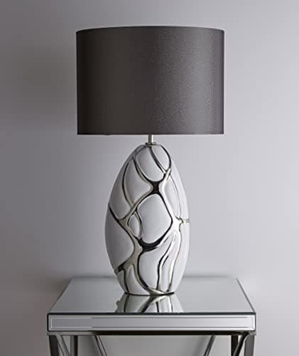 Image of Tall White with Silver Table lamp in a Ceramic Finish and Dark Grey lampshade Pebble Style Base Finish