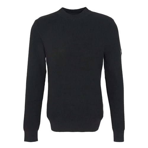 Image of Barbour International Crawley Crew Neck Jumper, Black Cotton, Ribbed Knit, Long Sleeve (UK, Alpha, M, Regular, Regular, Black)