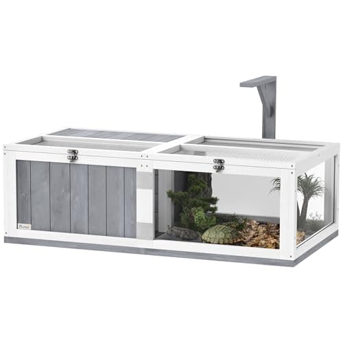 Image of PawHut Tortoise House with Lamp Holder, Wooden Tortoise Enclosure with Clear Observation Windows, Openable Tops, Built-in Tray, Two-Room Turtle Table for Indoor Use, Light Grey