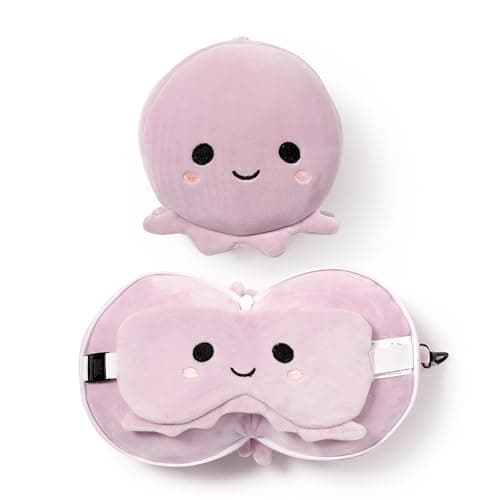 Image of Puckator Relaxeazzz Adoramals Octopus Round Plush Travel Pillow & Eye Mask - Sleep Eye Mask Masks - Kids Travel Accessories For Sleeping Airplane - Flight Plane Neck Pillow Pillows