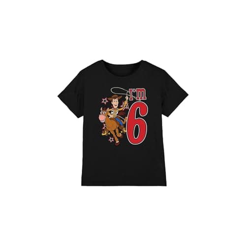 Image of Toy Story Boys Birthday Woody I'm 6 Unisex Kids T-Shirt, Black, 9-10 Years UK