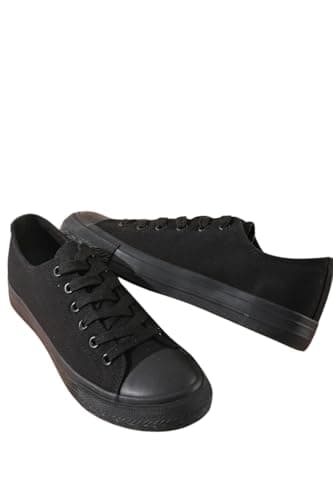 Image of Mens Canvas Lace up Sporty Low Top Outdoor Trainers Sneakers Pumps Plimsolls with Rubber Toe Cap Shoes All Black UK 9 Medium