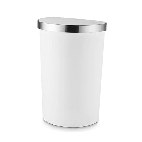 Image of Tower Curved Sensor Bin with Liner Retainer Ring, Durable PP Body, Battery Operated, 50L, White with Stainless Steel Trim on Lid