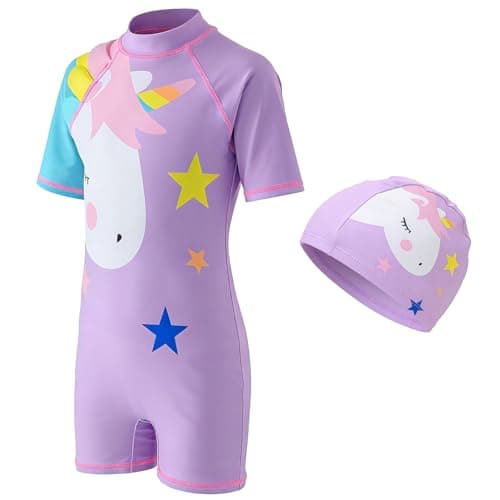 Image of ADUDVLO Girls Swimming Costume with Swim Cap – Cartoon One Piece Bathing Suit for Kids Ages 4–10, Quick Dry & Stretchy Swimwear (UK, Age, 7 Years, 9 Years, Regular, Purple)