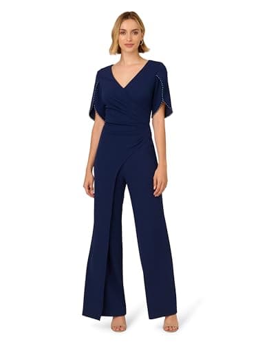 Image of Adrianna Papell womens Pearl Knit Crepe Jumpsuit, Navy Sateen, 20