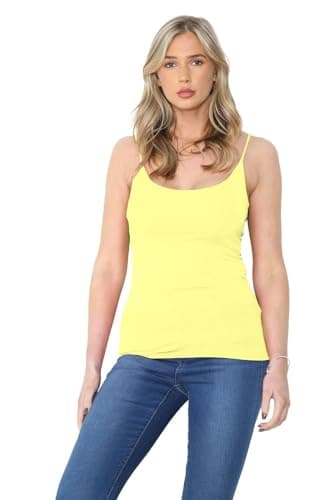 Image of janisramone® Womens Cami Strappy Bodycon Tank Tops, Plain Sleeveless Scoop Neck Vest Tops Women UK, Stretchy Slim Fitted Gym Wear, Casual Summer Ladies Vests Yellow