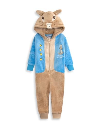 Image of Peter Rabbit Kids Blue Plush Fleece Onesie | Hooded Zip-Up Jumpsuit with Character Illustration & Long Sleeves | Cartoon Loungewear for Children & Toddlers Merch - 3-4 Years