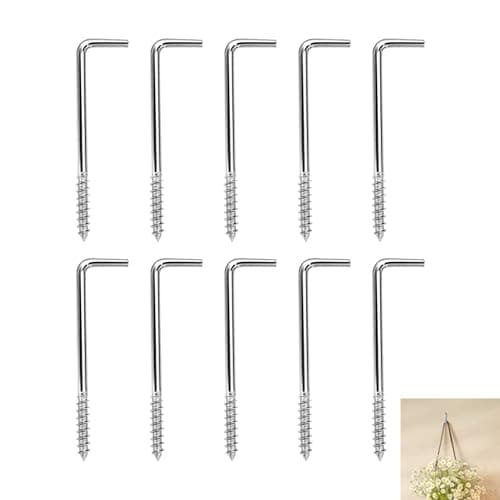 Image of 10 Pack L Shaped Hook Screws, 5x80 mm Right Angle Self-Tapping Screws, Zinc Plated Heavy Duty Square Shoulder Hook for Wood Wall Ceiling Garage Garden Shed Kitchen Hanging Tools Keys Mugs Coats