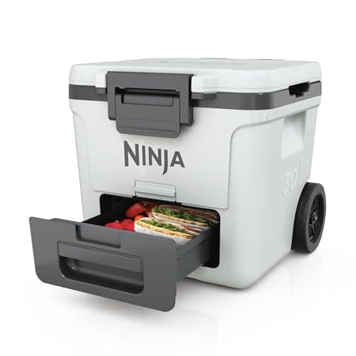 Image of Ninja FrostVault Heavy-Duty Insulated Cool Box, Wheeled Premium Cooler with Dry Zone Integrated Fridge-Temp Dry Storage Drawer, Keeps Ice for Days, Fits up to 48 Cans, Cloud White, FB230EUWH