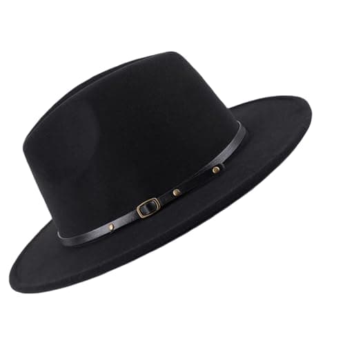 Image of Happyupcity Unisex Womens Mens Adjustable Classic Wide Brim Belt Buckle Fedora Hat Felt Panama Hat Church Jazz Cap Black