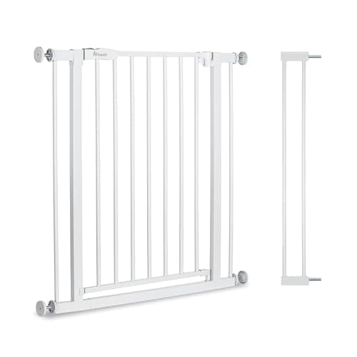 Image of hauck Open N Stop 2 Set with 9cm Extension, White - Pressure Fit Baby Gate 84-89 cm for Doors and Stairs, Closes Manually, Opens to Both Sides with One Hand, Metal, Mounting Accessories Included