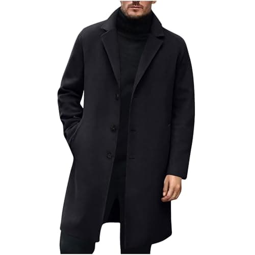 Image of Mens Long Wool Trench Coat - Slim Fit Overcoat, Winter Warm Pea Coat, Windbreaker Jacket, Lapel Single Breasted Buttons, Knee Length, Elegant Business Work Office Outwear, Casual Comfy, Streetwear