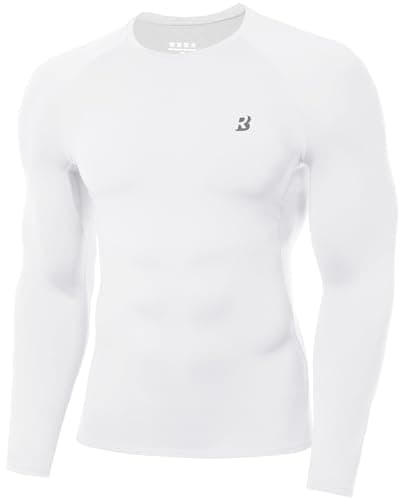Image of Roadbox Men's Compression Base Layer Shirt Long Sleeve, Quick Dry Performance Compression Top for Running Gym Workout White