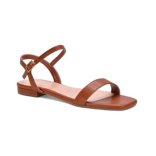 Image of ESSEX GLAM Women's Flat Strappy Sandals Ladies Ankle Strap Open Toe Buckle Brown Synthetic Leather Shoes Size 6