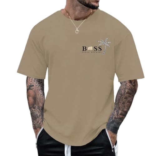 Image of Mens T Shirt - T-Shirts with Lightly Fitted Design - Super Soft T-Shirt Cotton Stretch Men's Tshirts Durable Comfort Fit Workout Athletic Fit Sports T-Shirts Tops Tops (Khaki,S)