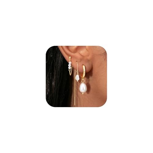 Image of Turandoss 3 Pairs Gold Pearl Earrings for Women, Trendy Hypoallergenic 14K Gold Plated Pearl Drop Dangly Earrings Long Hanging Dangle Teardrop Natural Pearls Earring Dangling Pearls Threader Earring