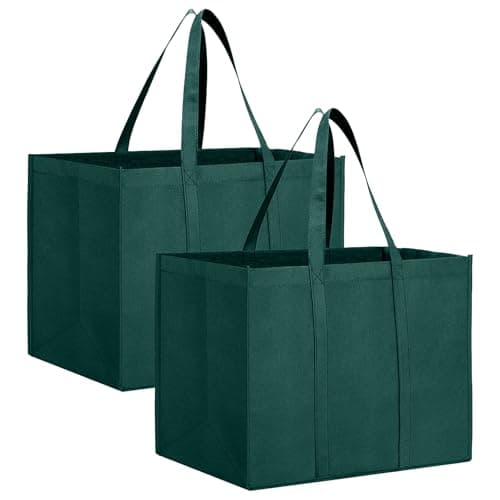 Image of InfiniZer 2 Pack Shopping Bags Large Capacity Foldable Grocery Tote Bags Washable Lightweight Reusable Tote For Supermarket Picnic Camping Travel Beach (2, Dark Green)