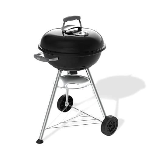 Image of Weber Compact Kettle Charcoal Barbecue 47 cm with Stand & Wheels/Classic BBQ, Rust-Resistant Porcelain-Enamelled Finish, Built-In Lid Thermometer, Ash Catcher, 1548 cm² Cooking Surface, Black