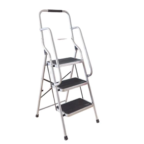 Image of 3 Step Folding Safety Ladder with Handrail Silver/Red | Anti-Slip Treads & Feet H146 x W9 x D51cm (Silver)