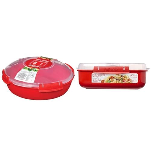 Image of Sistema Microwave Round Food Container/Cookware Bowl | 1.3 L Food Steamer | Red/Clear & Rectangle Microwave Container | 1.25 L | BPA-Free | Red/Clear