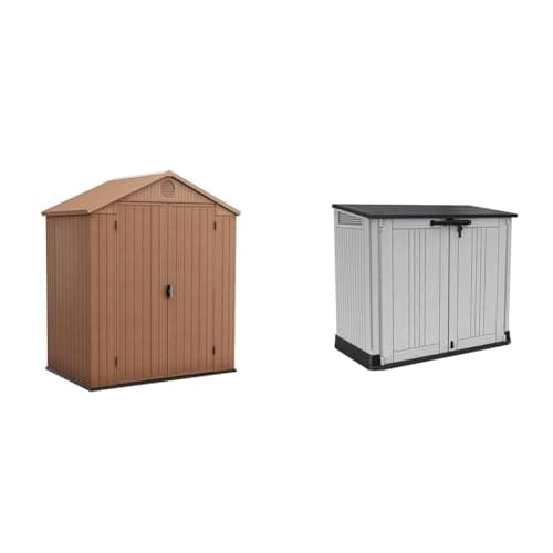 Image of Keter Darwin Outdoor Apex Double Door Garden Storage Shed 6 X 4ft Brown Wood Look And Feel & Store It Out Nova Outdoor Garden Furniture Storage Shed Light Grey with Dark Grey Lid