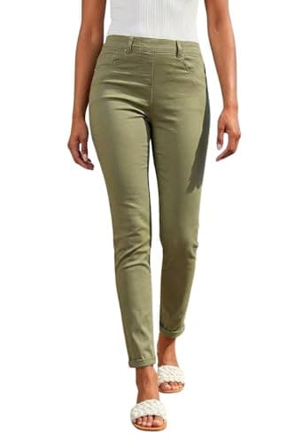 Image of Roman Originals Jeggings for Women UK Jean Ladies Stretchy Trousers Denim Leggings High Waist Rise Pull On Skinny Straight Leg Cotton Pants Smart Casual - Sage - Size 18