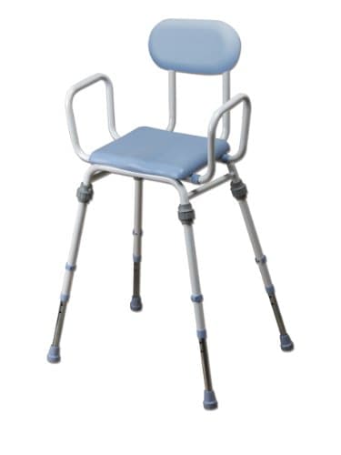 Image of NRS Healthcare Compact Easy Modular Perching Stool With Arms and Padded Backrest, Polyurethane Finish