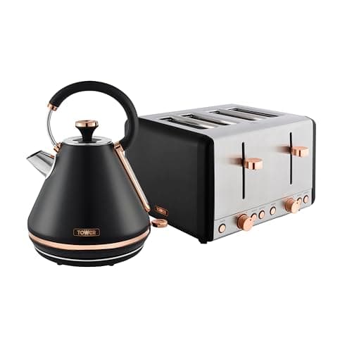 Image of Tower Cavaletto Kitchen Set, 1.7L Rapid Boil Kettle & 4 Slice Toaster, Black and Rose Gold, T10044RG, T20051RG
