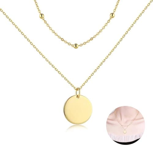 Image of GWAWG Gold Plated Double Layered Necklace Silver Beaded Choker Necklace Chain Trendy Disc Pendant Necklace Beaded Coin Snake Chain Multi layer Choker Necklace Jewelry Gifts (Gold)