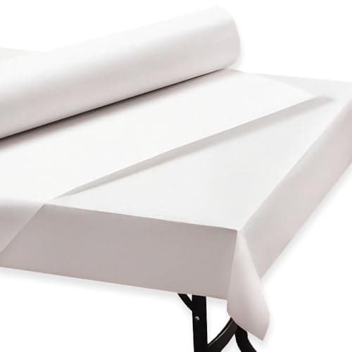 Image of Clearly 50M x 1.2M Banquet Roll. Disposable Party Tablecloth, Paper Table Cloth for Picnic, BBQ, Weddings & Dinner. Disposable Tablecover Protector - Plain White Birthday Party Decoration