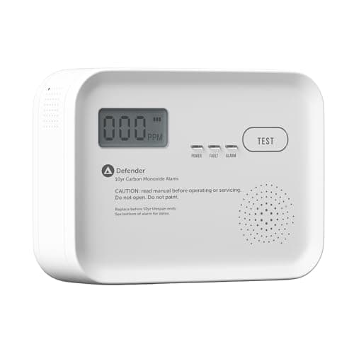 Image of Defender 10 Year Carbon Monoxide Alarm BSI Rated - Battery Powered CO Detector - Carbon Monoxide Monitor LCD Digital Display - EN50291 Standard