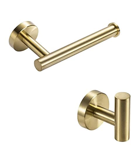 Image of YUET Towel and Toilet Roll Holder Set Bathroom Accessory 2 Pieces Home Paper Tissue & Coat Hook Holders Bar Accessories SUS 304 Stainless Steel Hardware Wall Mounted Brushed Brass (Gold)