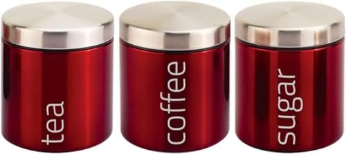 Image of Kabalo Metallic Red Set of 3 Tea Coffee & Sugar Canisters Kitchen Storage Containers Jars Pots (10cm x 12cm each)