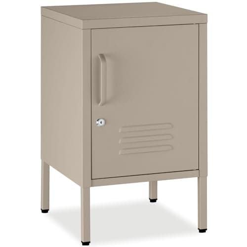 Image of tectake® Bedside Cabinet in Minimalist Design, 35 x 42.5 x 60.5 cm, Steel Storage Cabinet with Height-Adjustable Shelf & Lockable, Magnetic Door, Storage Cupboard for Home & Office Use - Taupe