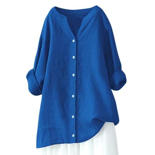 Image of Linen Spring Tops for Women Long Sleeve High Low 2026 Gauze Shirts Embroidered Summer Loose Fit Oversized Blouses 3/4 Sleeve Solid Sheer Club Clothing V Neck Casual Crinkle Gauze Blue