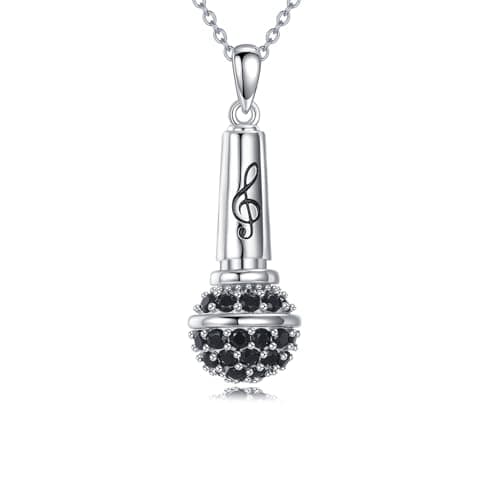 Image of YAFEINI Microphone Necklace 925 Sterling Silver Microphone Pendant Necklace Musical Instrument Jewellery Gifts for Women Music Lovers