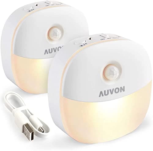 Image of AUVON Night Light, USB Rechargeable LED Motion Sensor Light, Removable Magnetic Strip Stick-On Cupborad, Wardrobe, Closet, Kitchen, Stairs, Bedroom, Hallway (2 Pack,Warm White)