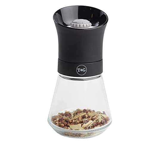Image of T&G CrushGrind Spice Mill with Removable Glass Base, 12.5 cm, Black, Herbs Spices Seeds Chilli Flakes/Manual Grinder
