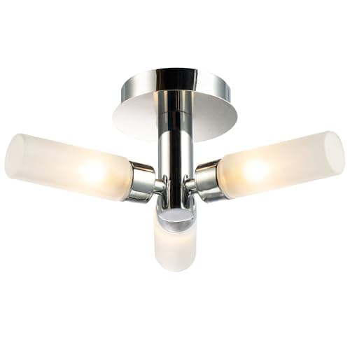 Image of Happy Homewares Modern Polished Chrome IP44 Rated Bathroom Ceiling Light Fitting with Tubular Frosted Glass Shades | 3 x 18w G9 Required | 31cm x 12cm