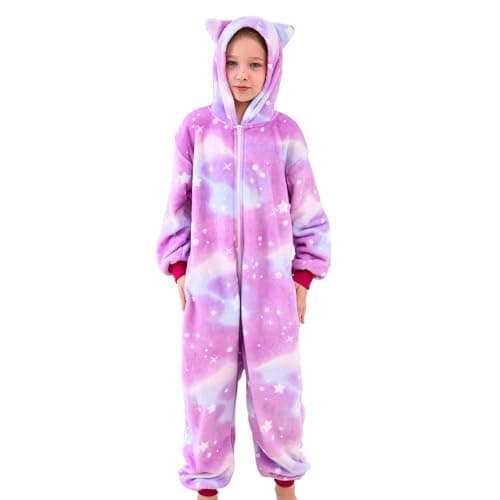 Image of Ceruwum Girls Cat Ears Sleepsuit Kids Cat Animal Onesie Pyjamas (Violet Stars, 7-8 Years)