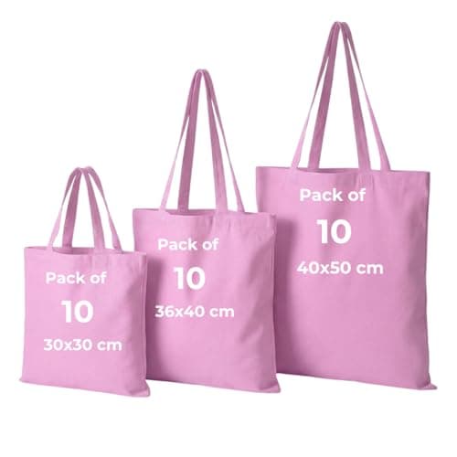 Image of IMFAA Pack of 10 Premium-Quality Long Lasting 100% Cotton Canvas Tote Reusable Shopping Bags Ideal for Printing and Embroidery (Pink,Medium 40x36x60)
