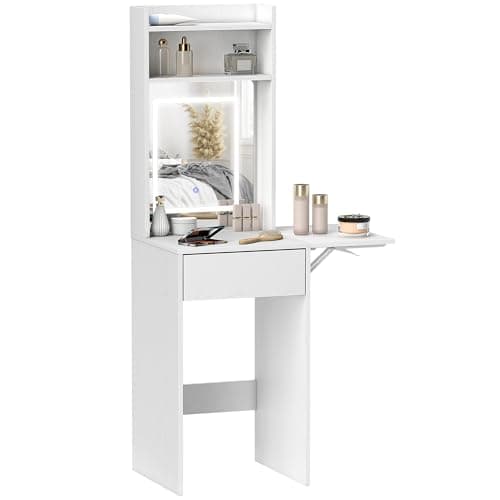 Image of HOMCOM Small Dressing Table with Mirror, Adjustable LED Lights, Drop Leaf Side, Vanity Desk with Open Shelves and Drawer, Compact Makeup Table for Small Spaces, Bedroom, White