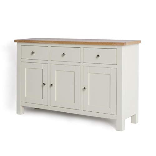 Image of RoselandFurniture Farro Cream Sideboard for Living Room Large Storage Cabinet with Oak Top | Fully Assembled Painted 3 Door Solid Wooden Cupboard with 3 Drawers for Hallway or Dining Room