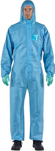 Image of Ansell AlphaTec 1500 Model 111, Disposable Work Overall with Hood, Chemical Protection Type 5/6, Water Repellent Coverall Suit, Industrial Safety Workwear, Men Women, Blue, Size XL (1 Unit)