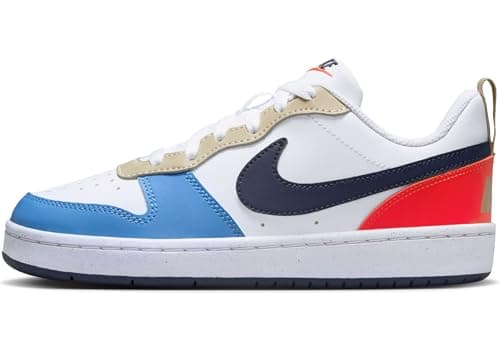 Image of NIKE Boys Court Borough Low Recraft Sneaker, White Thunder Blue Lt Crimson, 5.5 UK